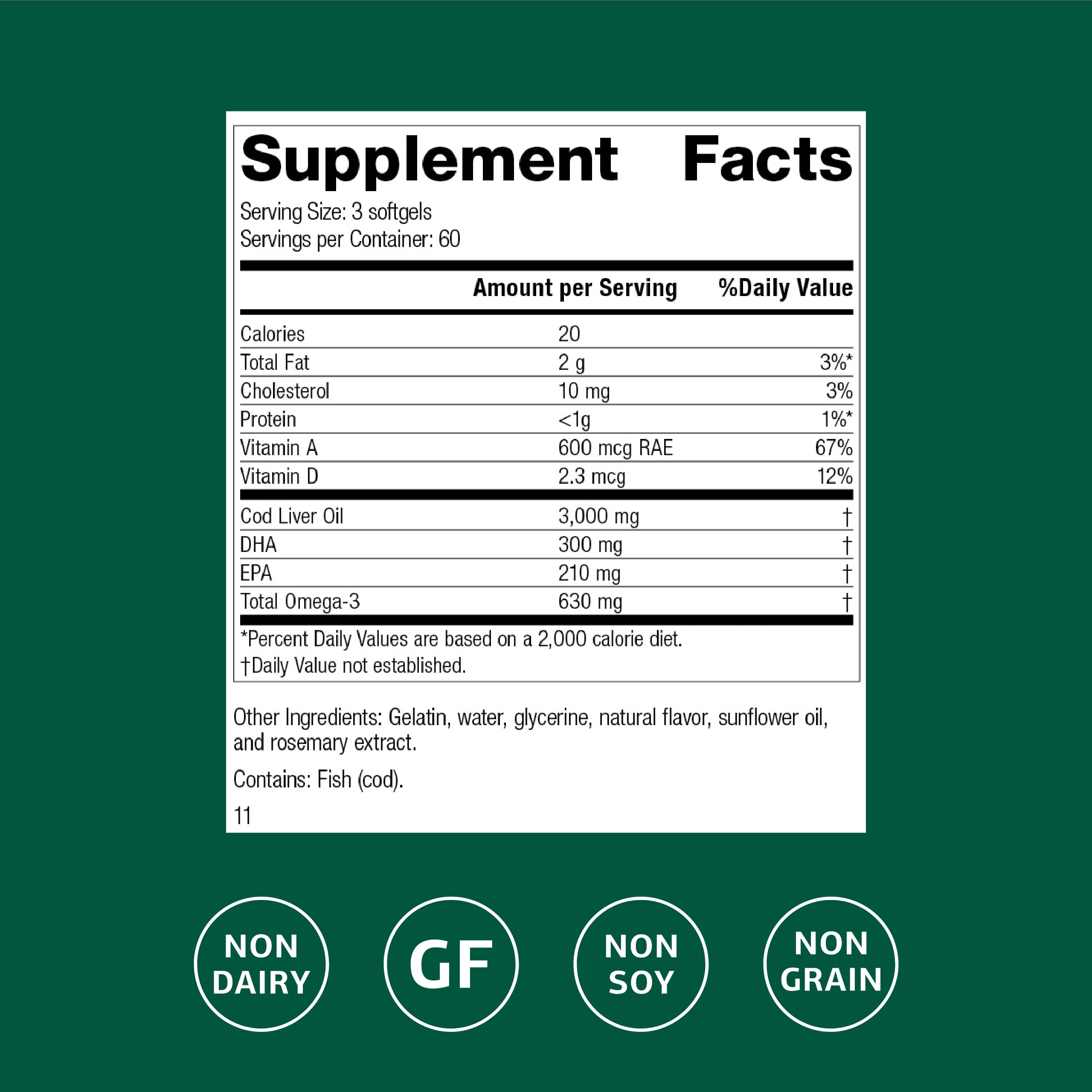 Standard Process Cod Liver Oil bottle label close-up showing vitamins A and D for immune support.