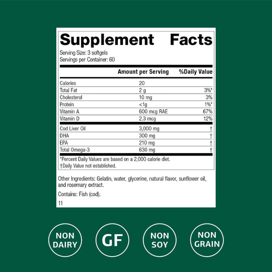 Standard Process Cod Liver Oil bottle label close-up showing vitamins A and D for immune support.