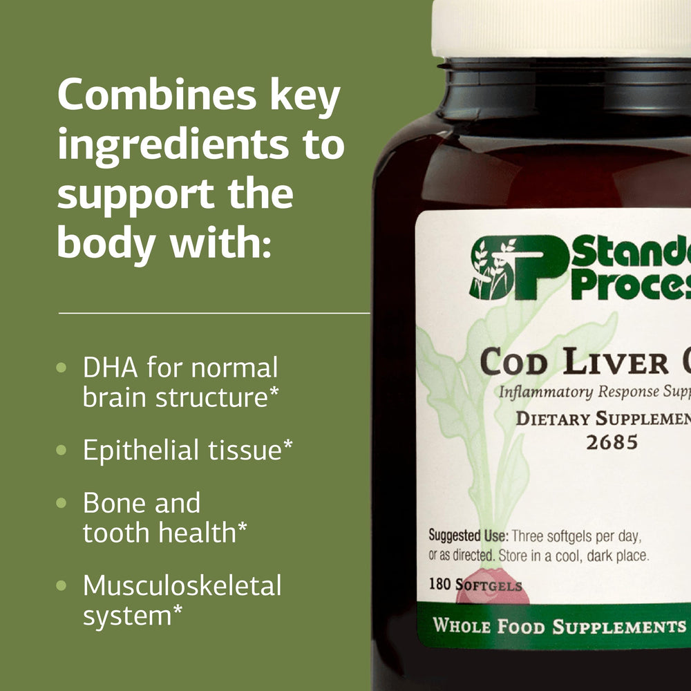 Standard Process Cod Liver Oil softgels container close-up highlighting immune and bone health.