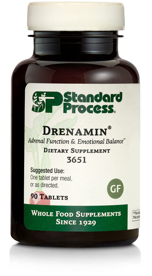 Standard Process Drenamin bottle and label for adrenal support.