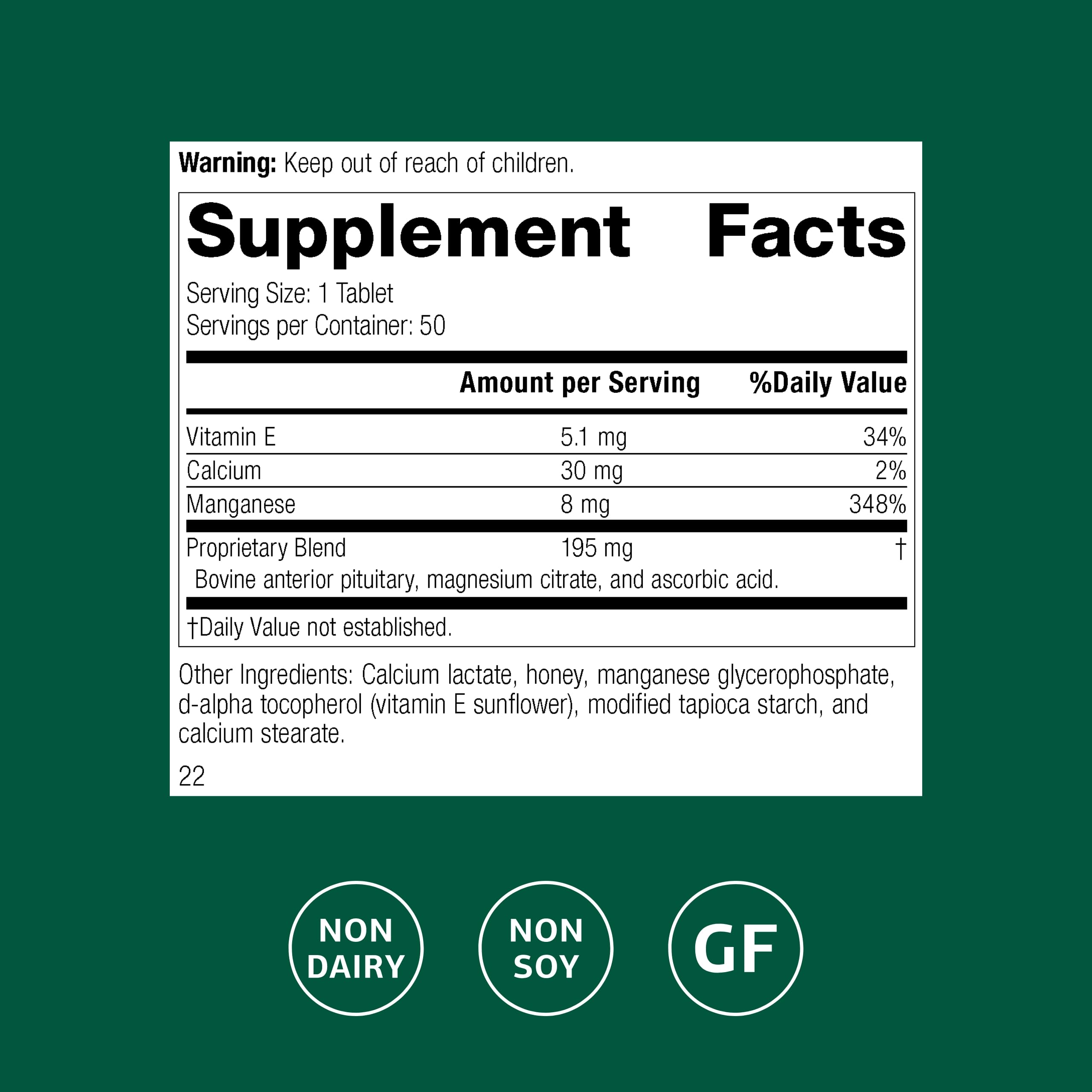 E-Manganese tablets closeup highlighting manganese and vitamin E