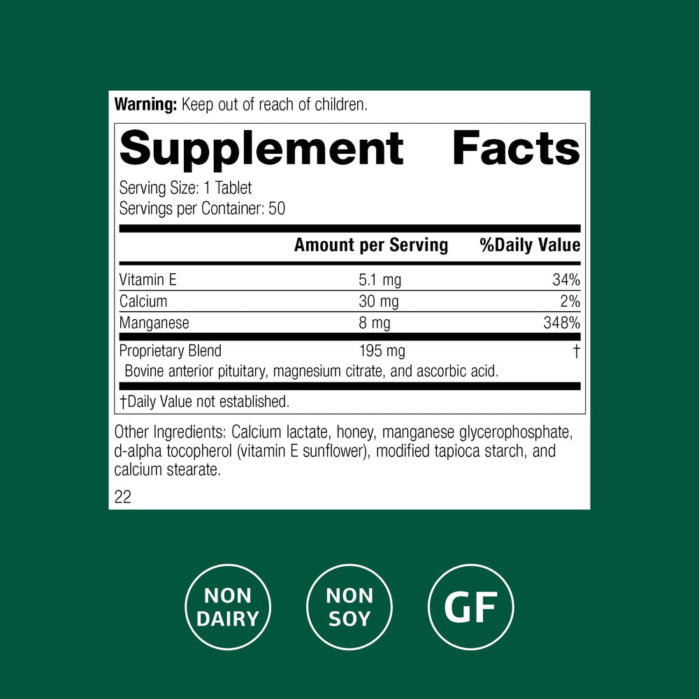 E-Manganese tablets closeup highlighting manganese and vitamin E