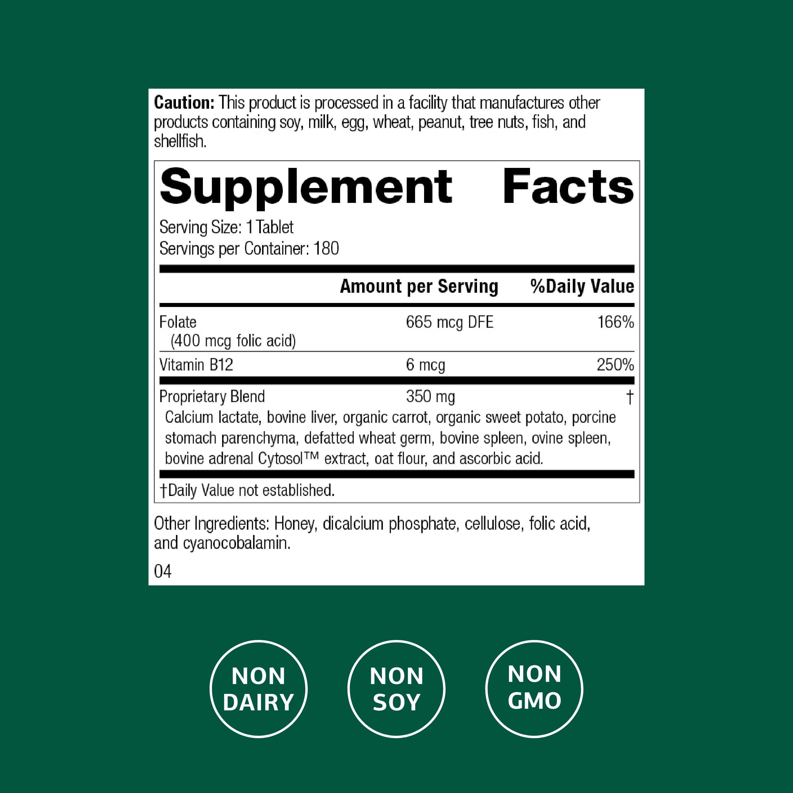 Close-up of Standard Process Folic Acid B12-180 label highlighting circulation support