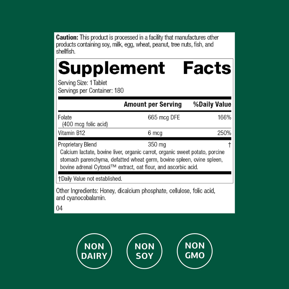 Close-up of Standard Process Folic Acid B12-180 label highlighting circulation support