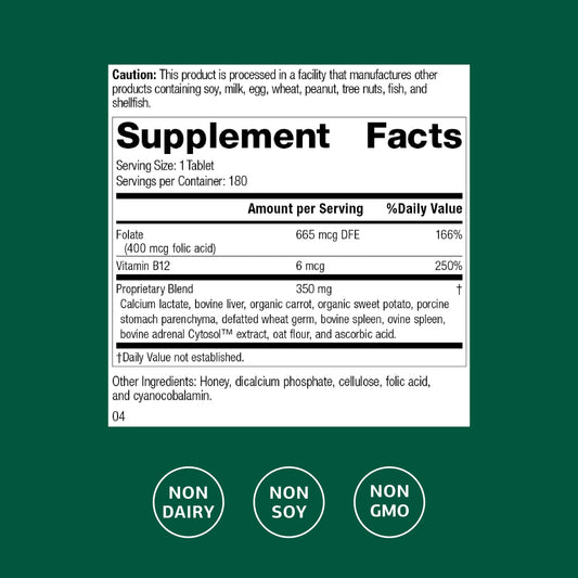 Close-up of Standard Process Folic Acid B12-180 label highlighting circulation support