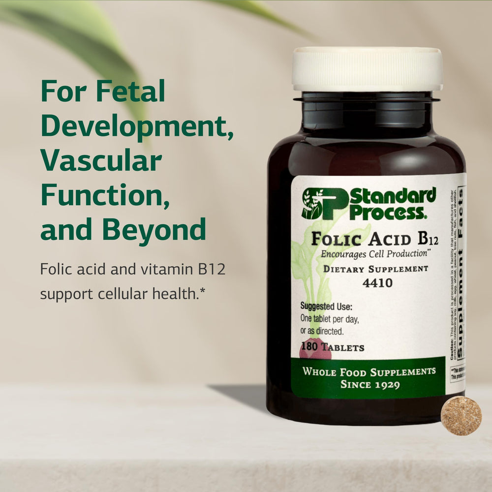 Front packaging of Standard Process Folic Acid B12-180 tablets communicates quality