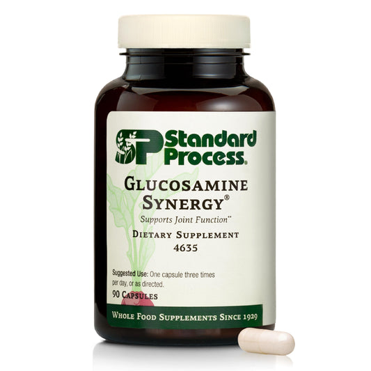Standard Process Glucosamine Synergy bottle demonstrates joint health support from whole-food ingredients.