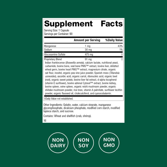 Standard Process Glucosamine Synergy capsules presented for connective tissue support.