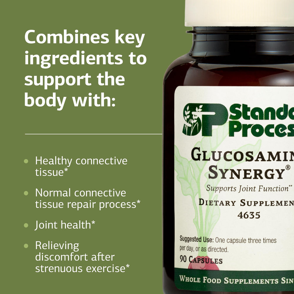 Standard Process Glucosamine Synergy ingredients panel shows organic carrots and rice bran for nourishment.