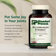 Standard Process Glucosamine Synergy label highlights glucosamine and boswellia serrata for joint function.