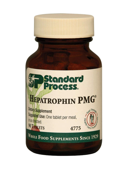 Standard Process Hepatrophin PMG 90 tablets bottle supports liver health and cellular balance.