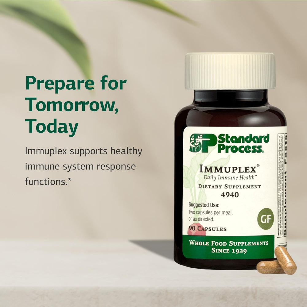 Immuplex bottle with dosage instruction displayed for two capsules per meal