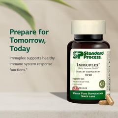 Immuplex bottle with dosage instruction displayed for two capsules per meal