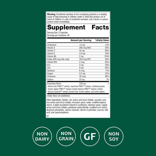 Immuplex capsules close-up highlighting key minerals and vitamins