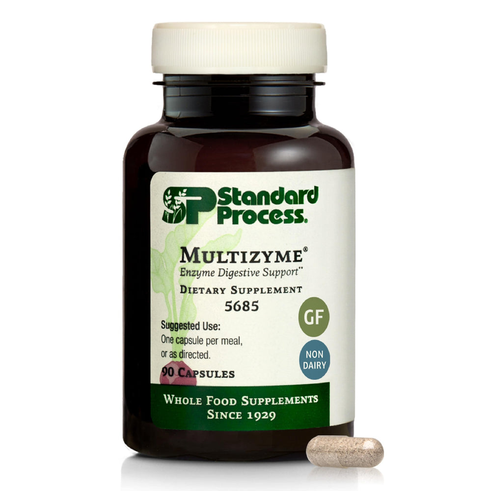 Standard Process Multizyme bottle front view showing label for digestive support after meals