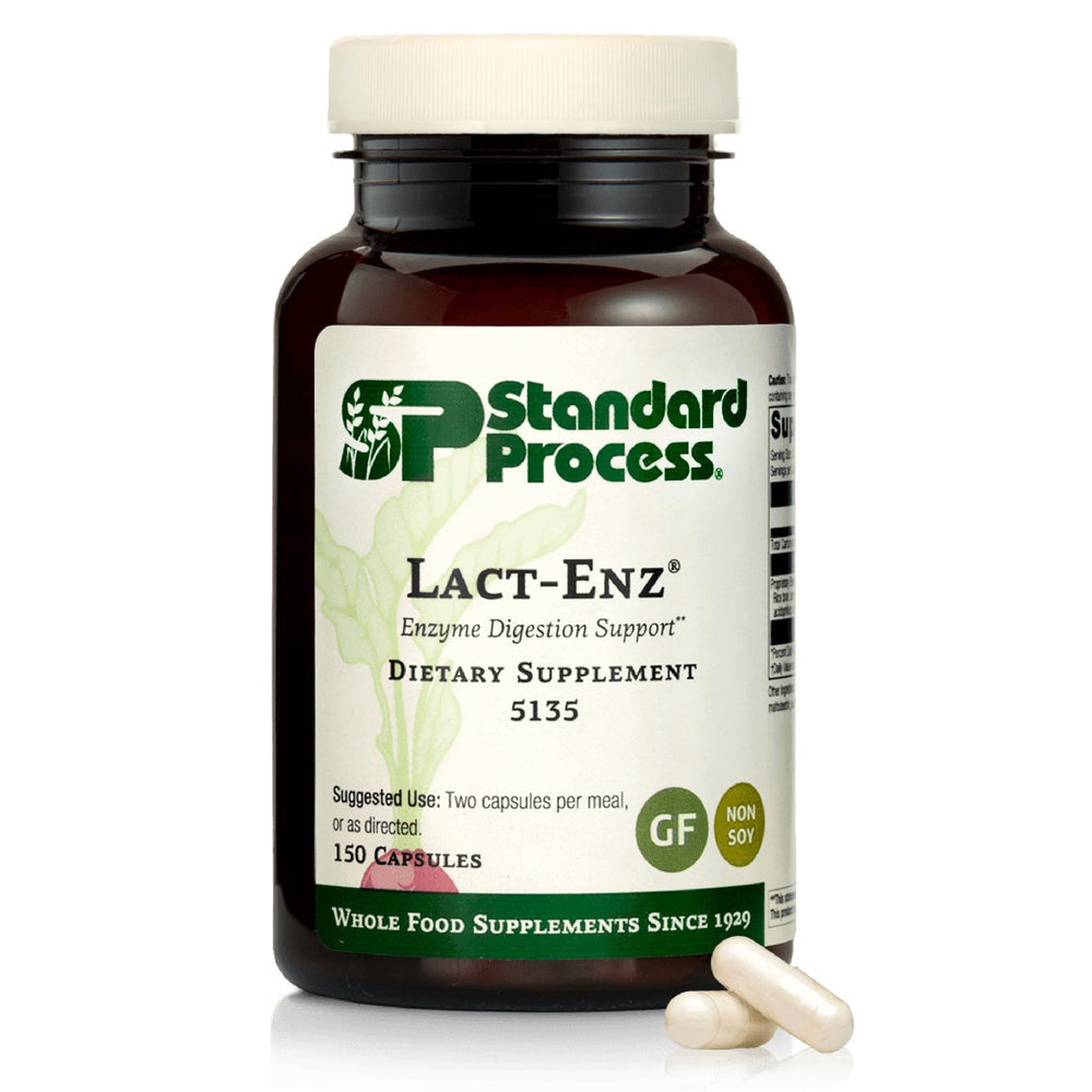 Standard Process Lact-ENZ bottle showing probiotic digestive support for daily meals.