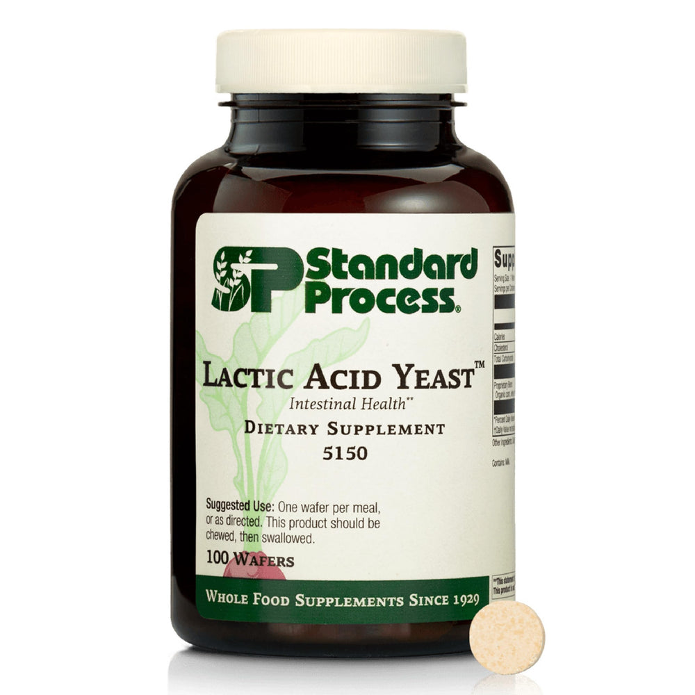 Standard Process Lactic Acid Yeast bottle with label for daily gut support.