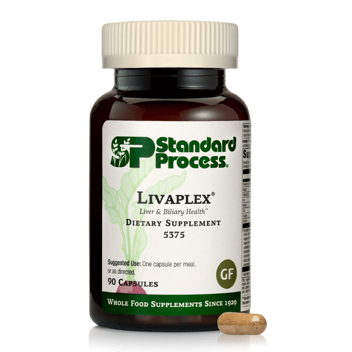 Standard Process Livaplex bottle label clearly shows 90 capsules for daily support.