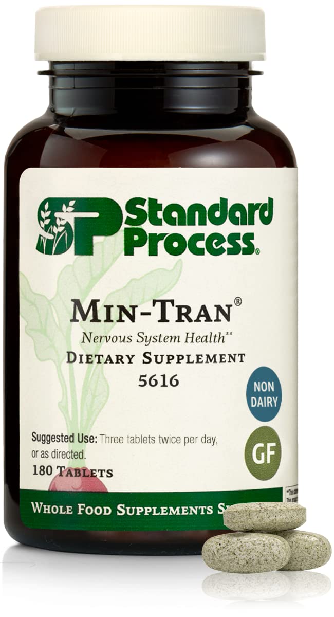 Standard Process Min-Tran bottle front highlighting nervous system support and gluten-free formulation