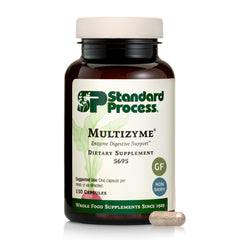 Standard Process Multizyme bottle with pancreatic enzymes for digestion support.