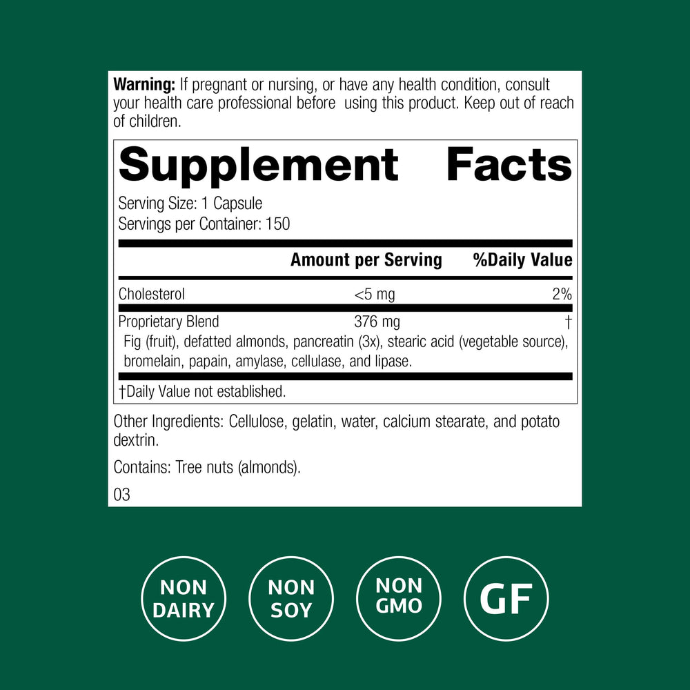 Multizyme capsules delivering enzymes to aid macronutrient breakdown.