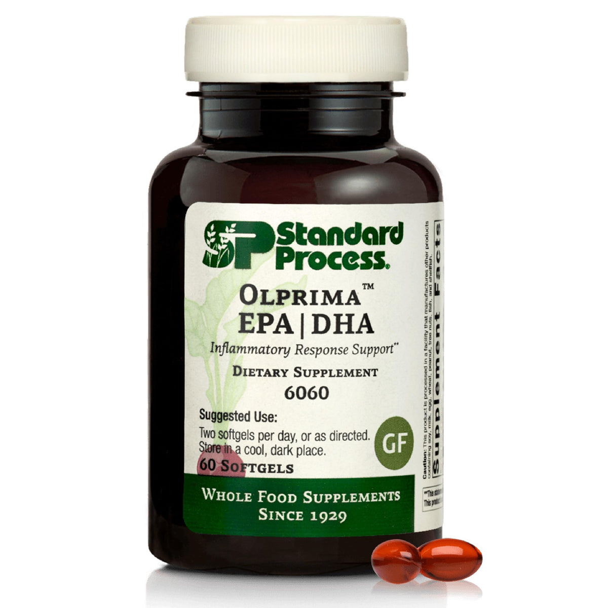 Standard Process Olprima EPA|DHA softgels bottle on kitchen counter for daily brain and heart support.