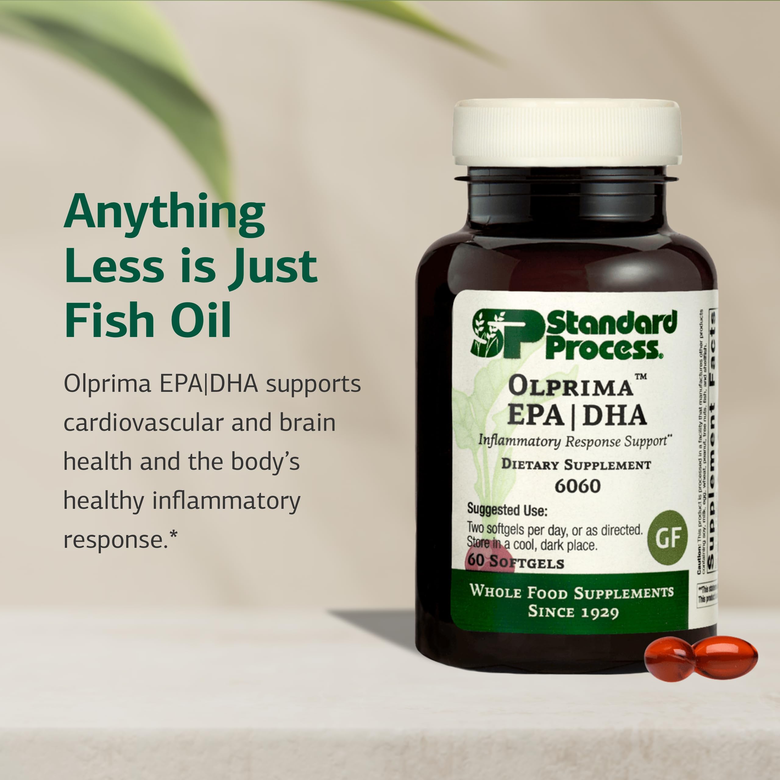 Standard Process Olprima label highlights gluten-free, non-dairy, non-soy features for dietary shoppers.