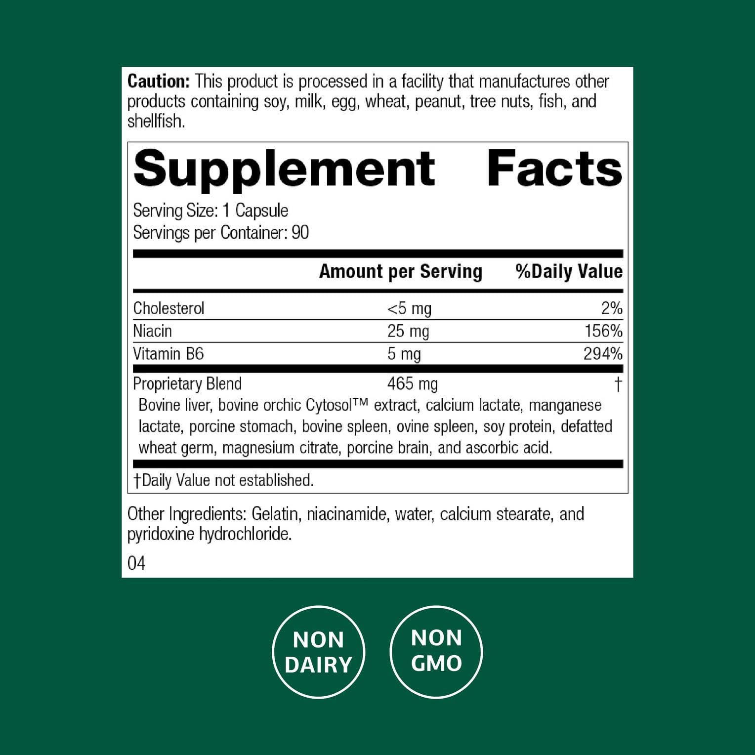 Standard Process Orchex capsule close-up emphasizing non-dairy, whole-food form.