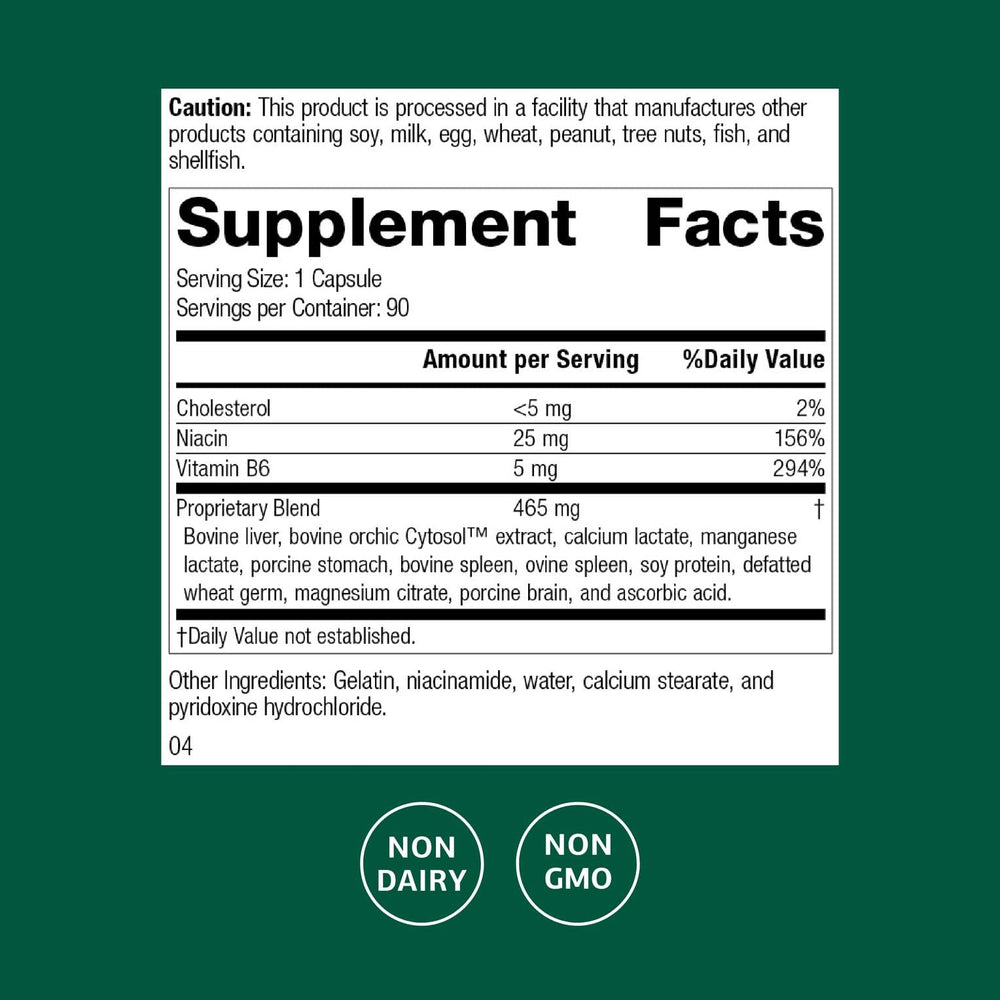 Standard Process Orchex capsule close-up emphasizing non-dairy, whole-food form.