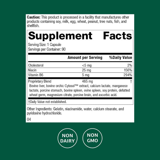 Standard Process Orchex capsule close-up emphasizing non-dairy, whole-food form.