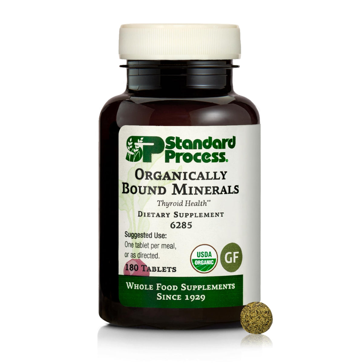 Standard Process Organically Bound Minerals bottle front with gluten-free badge, signaling organic ingredients for thyroid support.