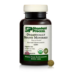 Standard Process Organically Bound Minerals bottle front with gluten-free badge, signaling organic ingredients for thyroid support.