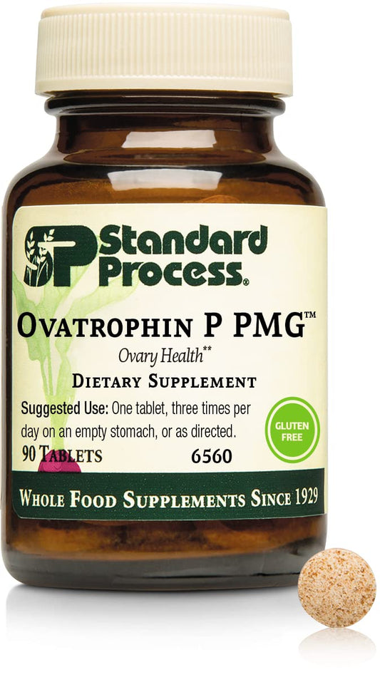 Standard Process Ovatrophin PMG 90t bottle highlighting minerals, nucleotides, and peptides for ovarian support.