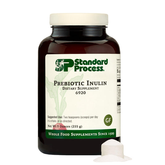 Standard Process Prebiotic Inulin bottle highlights gut health support and fiber source.