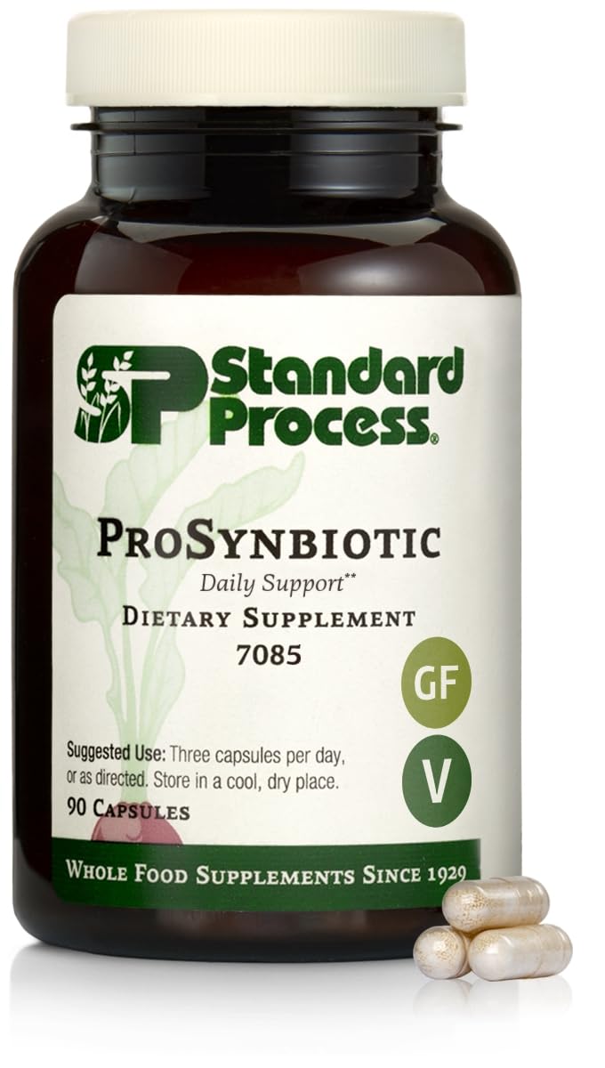 Standard Process ProSynbiotic bottle closeup for digestive health benefits.