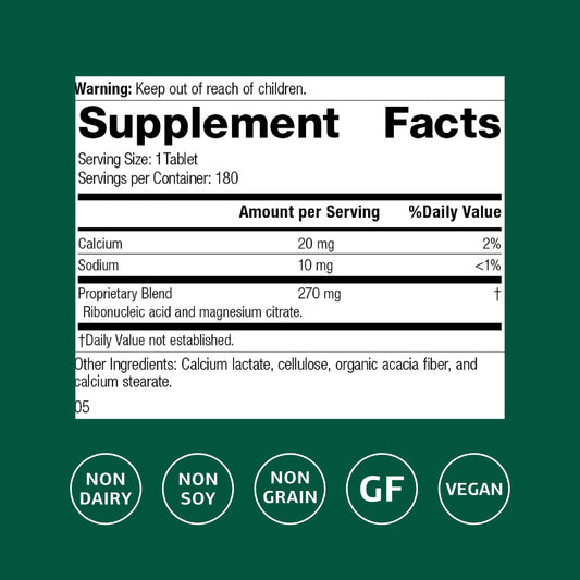 Standard Process RNA bottle label close-up highlights vegan and gluten-free features.