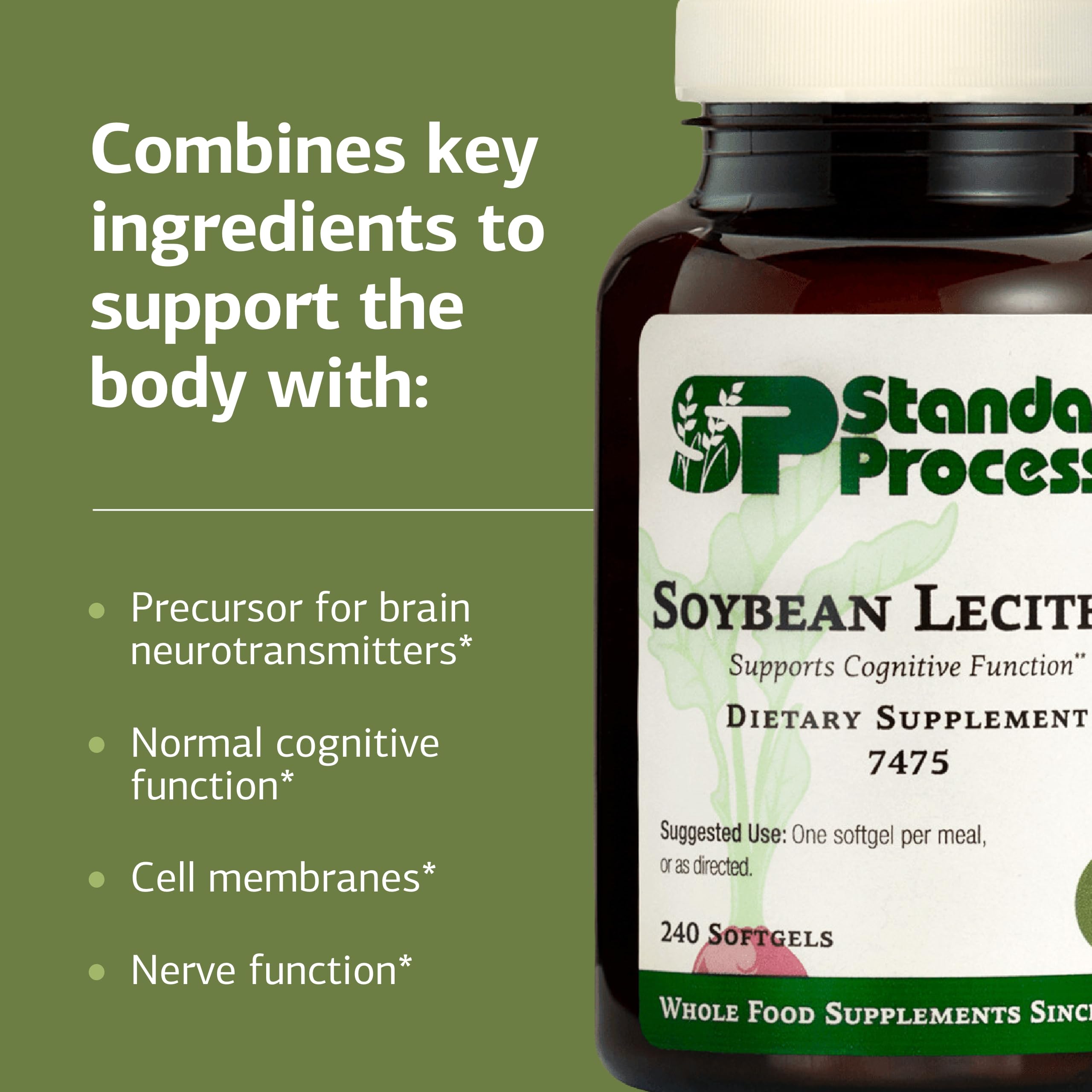Standard Process Soybean Lecithin bottle pour shows daily dosage guidance for brain function