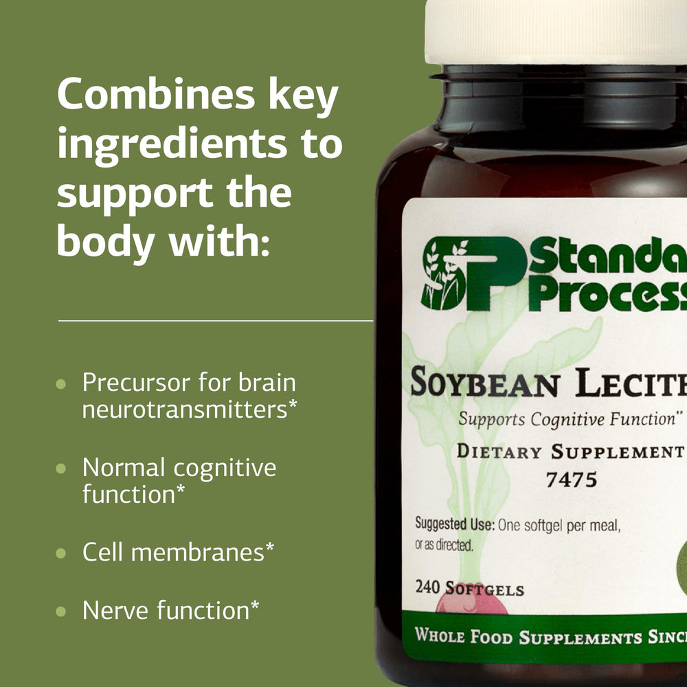 Standard Process Soybean Lecithin bottle pour shows daily dosage guidance for brain function