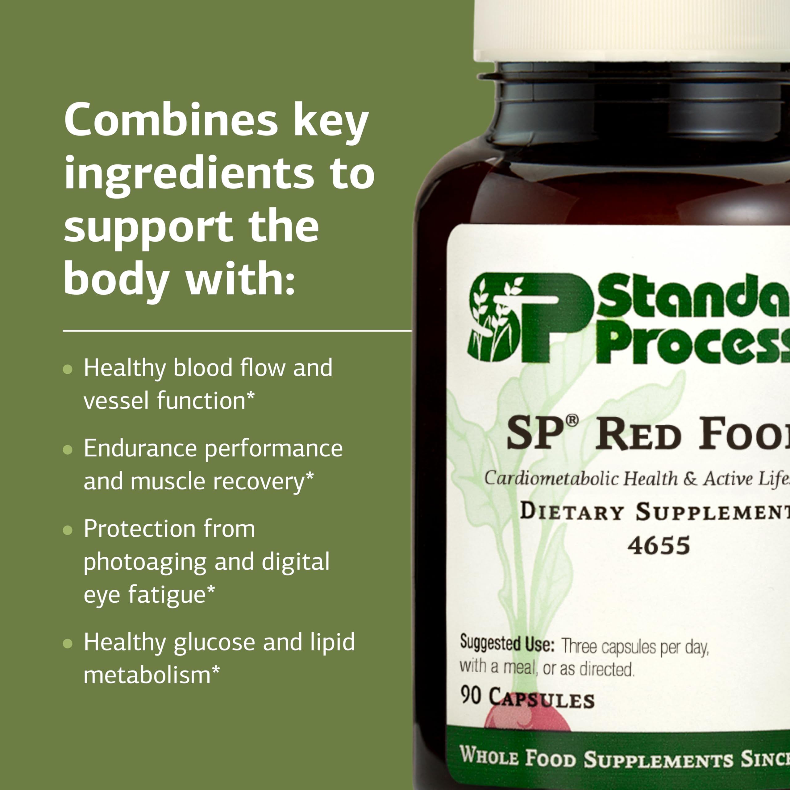 Close-up of Standard Process SP Red Food capsules emphasizing vegan, non-GMO formula.