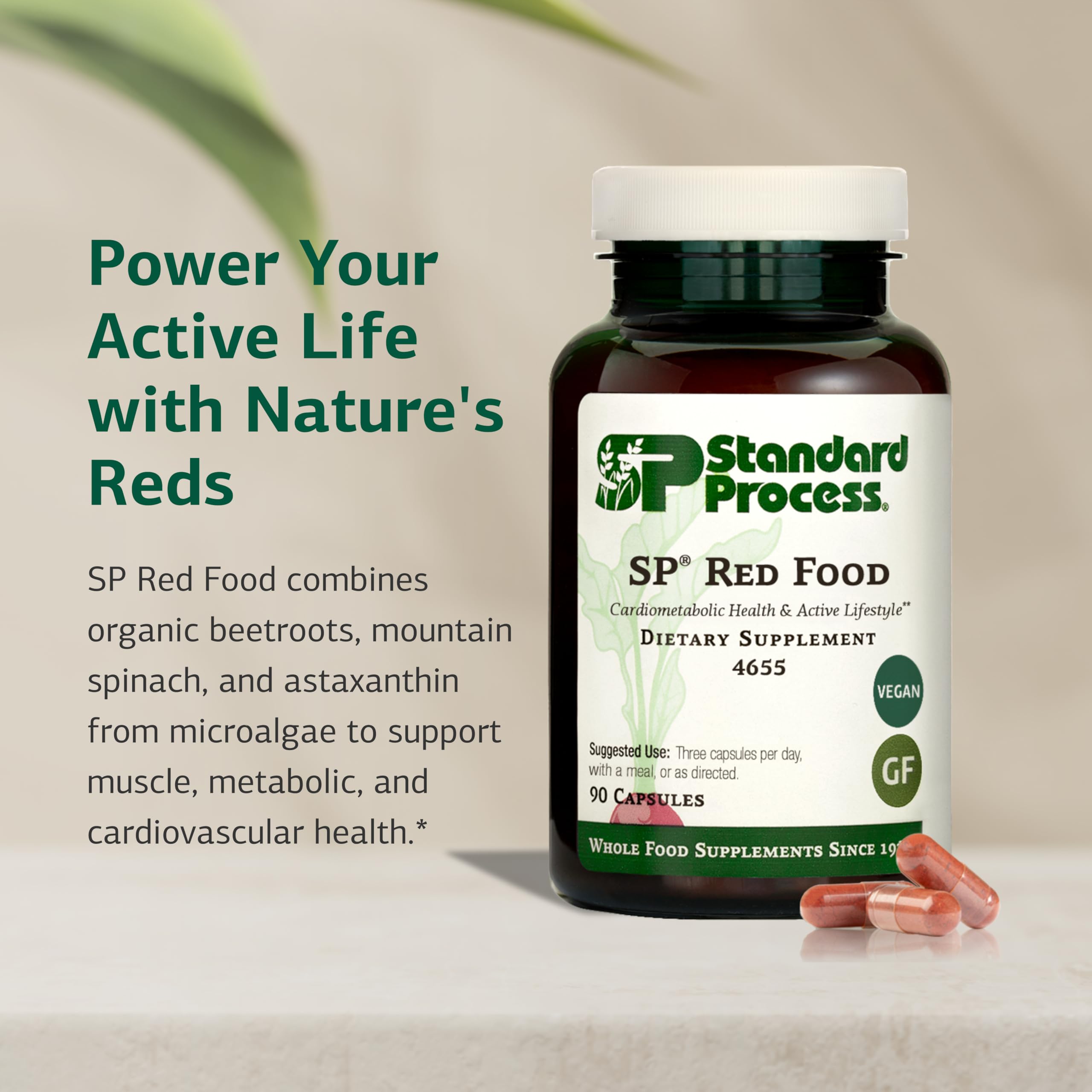 Standard Process SP Red Food ingredients panel with organic beetroot and spinach details.