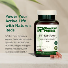 Standard Process SP Red Food ingredients panel with organic beetroot and spinach details.