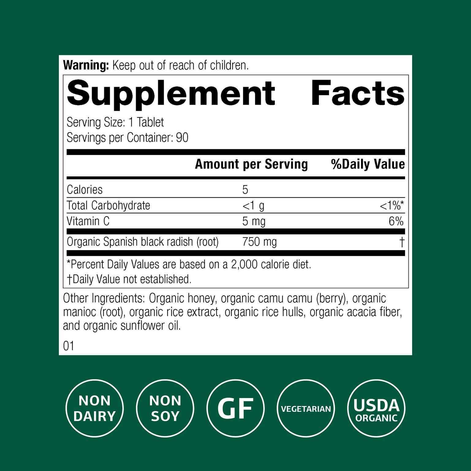 Standard Process Spanish Black Radish bottle side view highlighting gluten-free formulation.