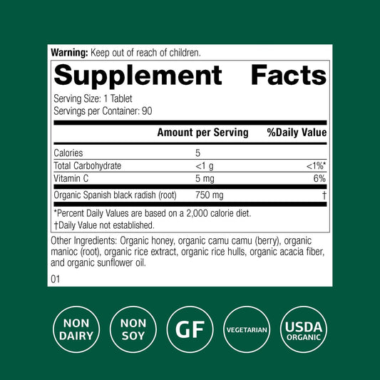 Standard Process Spanish Black Radish bottle side view highlighting gluten-free formulation.