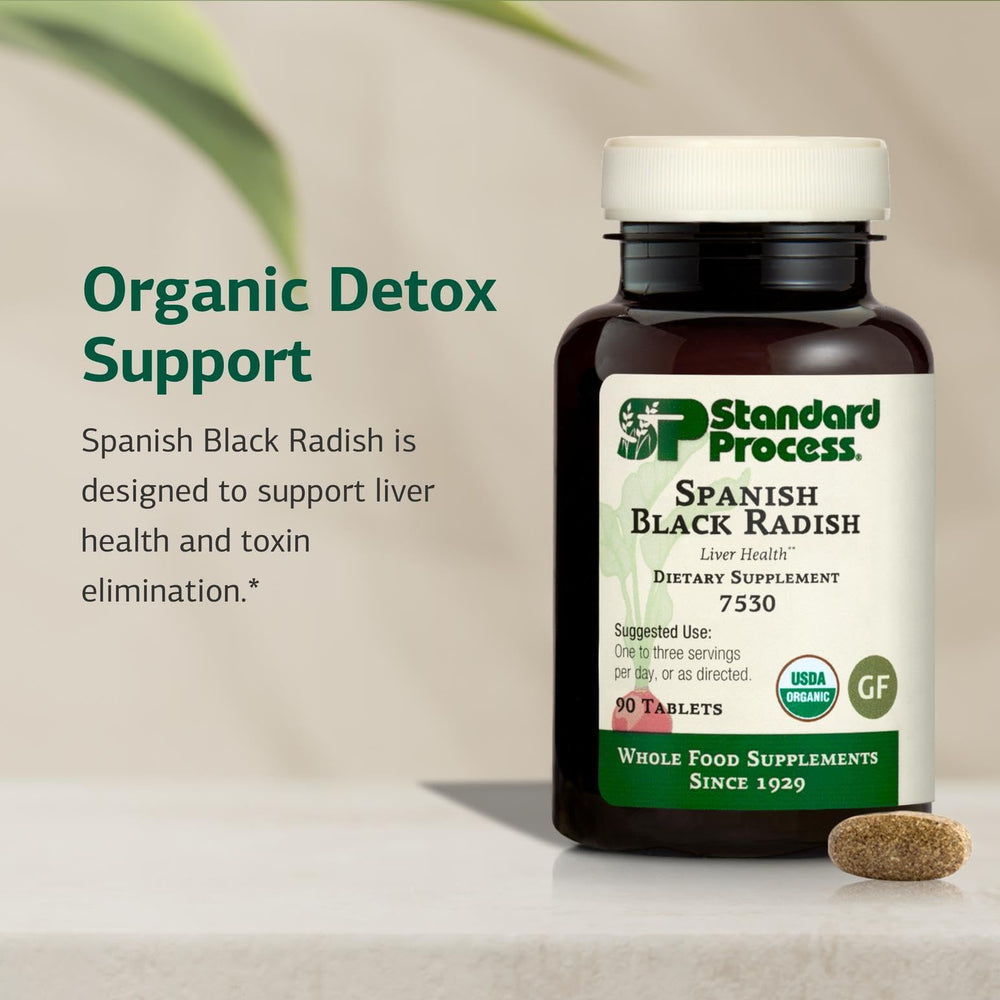 Standard Process Spanish Black Radish tablets close-up showing daily digestion support.