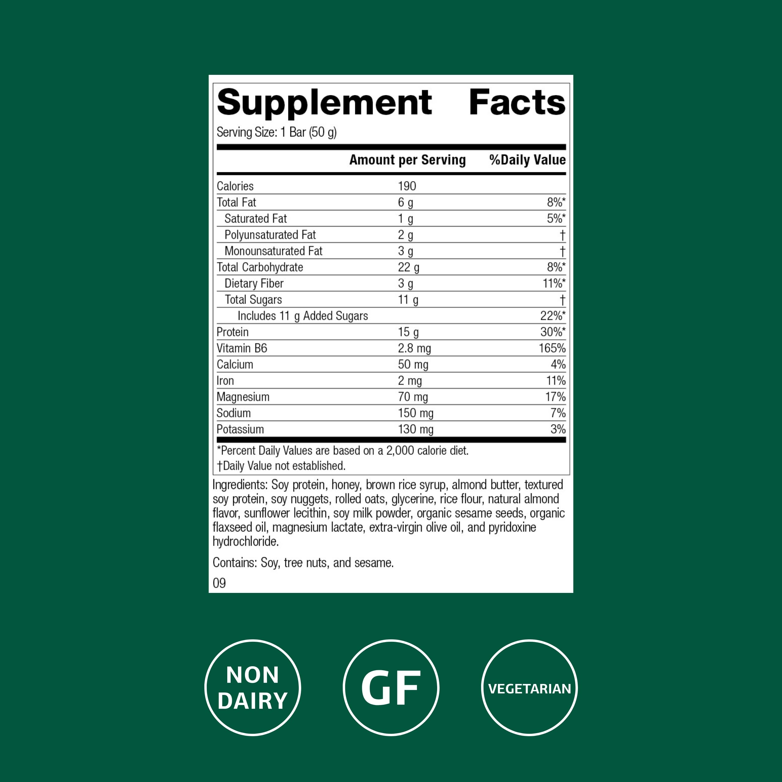 Standard Process StandardBar Soy Almond Crunch ingredients panel showing soy and almonds for daily nutrients.