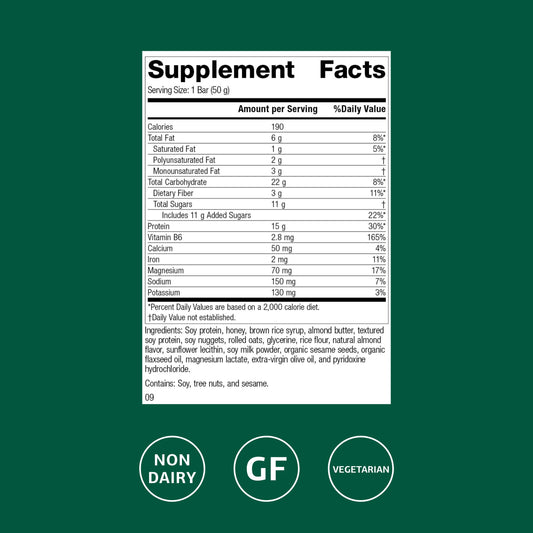 Standard Process StandardBar Soy Almond Crunch ingredients panel showing soy and almonds for daily nutrients.