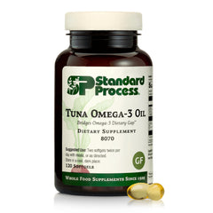 Standard Process Tuna Omega-3 Oil bottle highlighting the product and omega-3 benefits