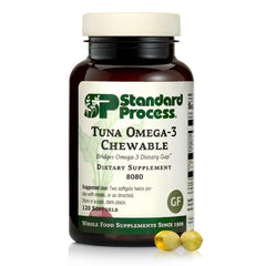 Standard Process Tuna Omega-3 Chewable bottle displaying easy-to-take softgels for daily brain and eye support.