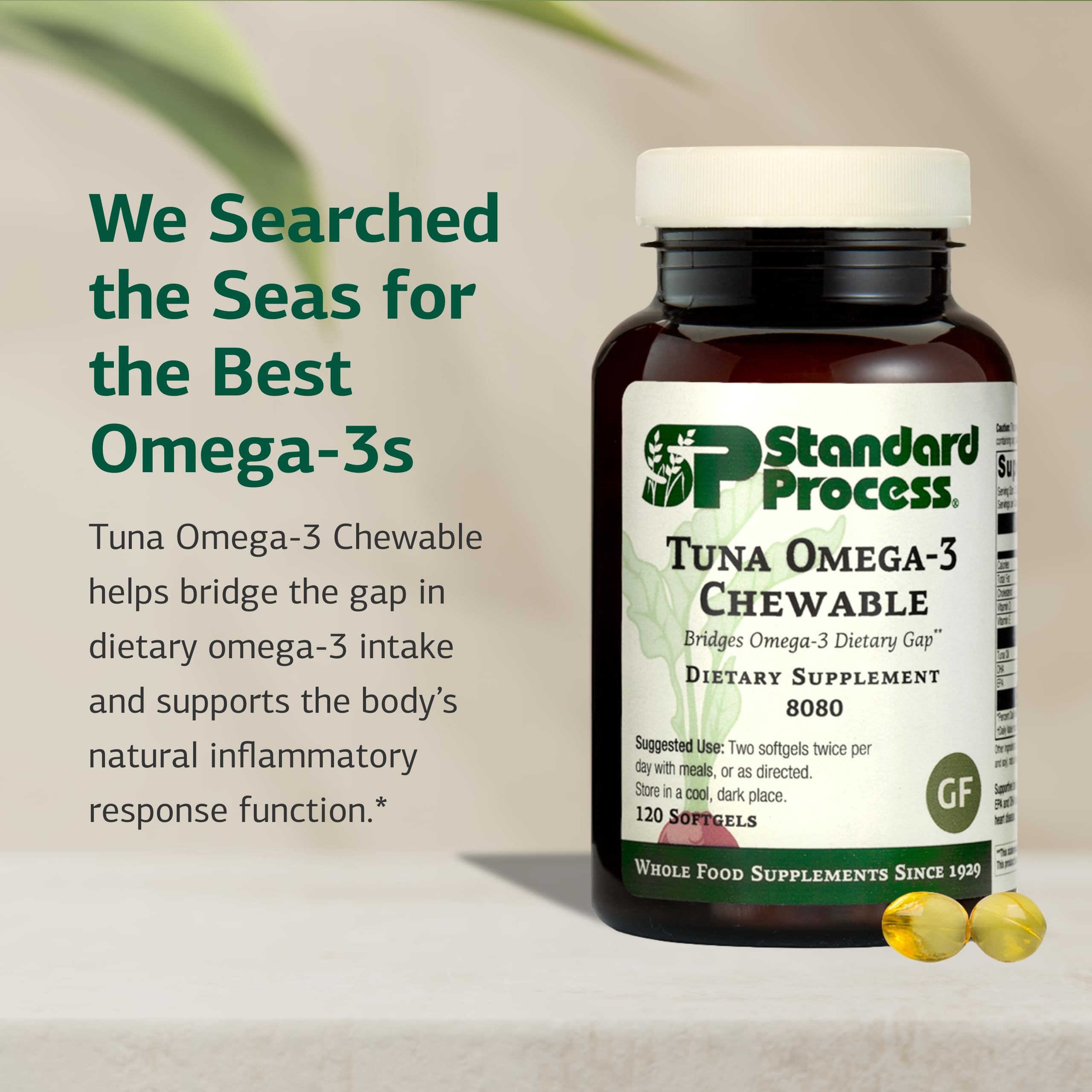Standard Process Tuna Omega-3 Chewable nutrition label highlighting vitamin E and vitamin D.