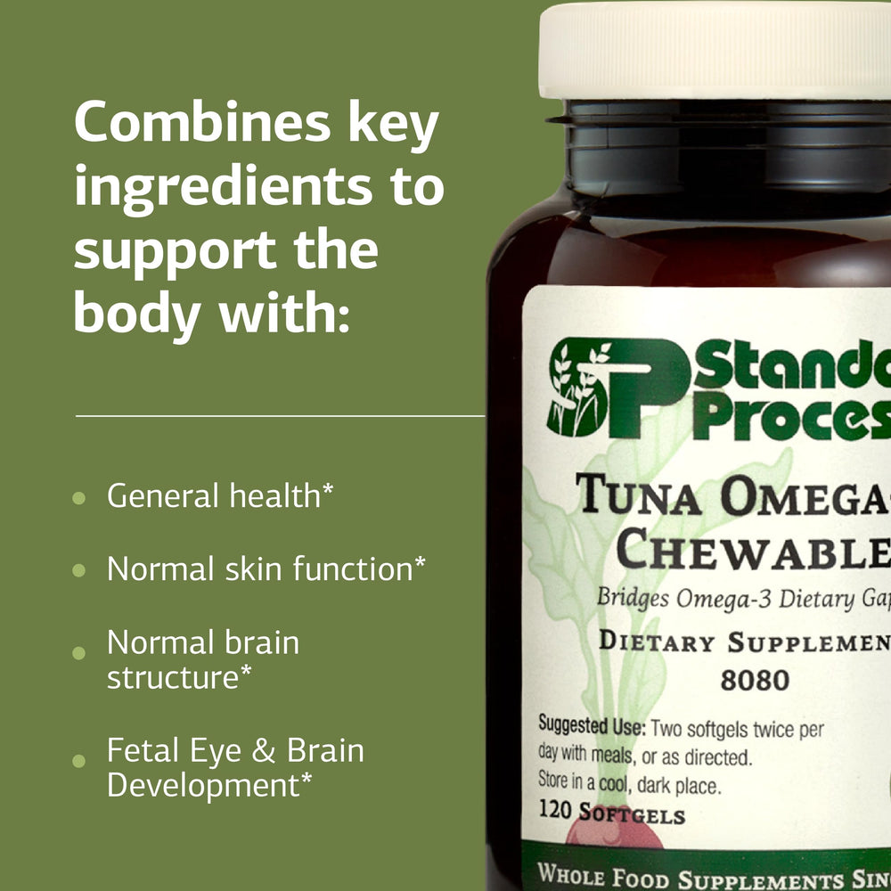 Standard Process Tuna Omega-3 Chewable packaging highlights gluten-free and non-dairy attributes.